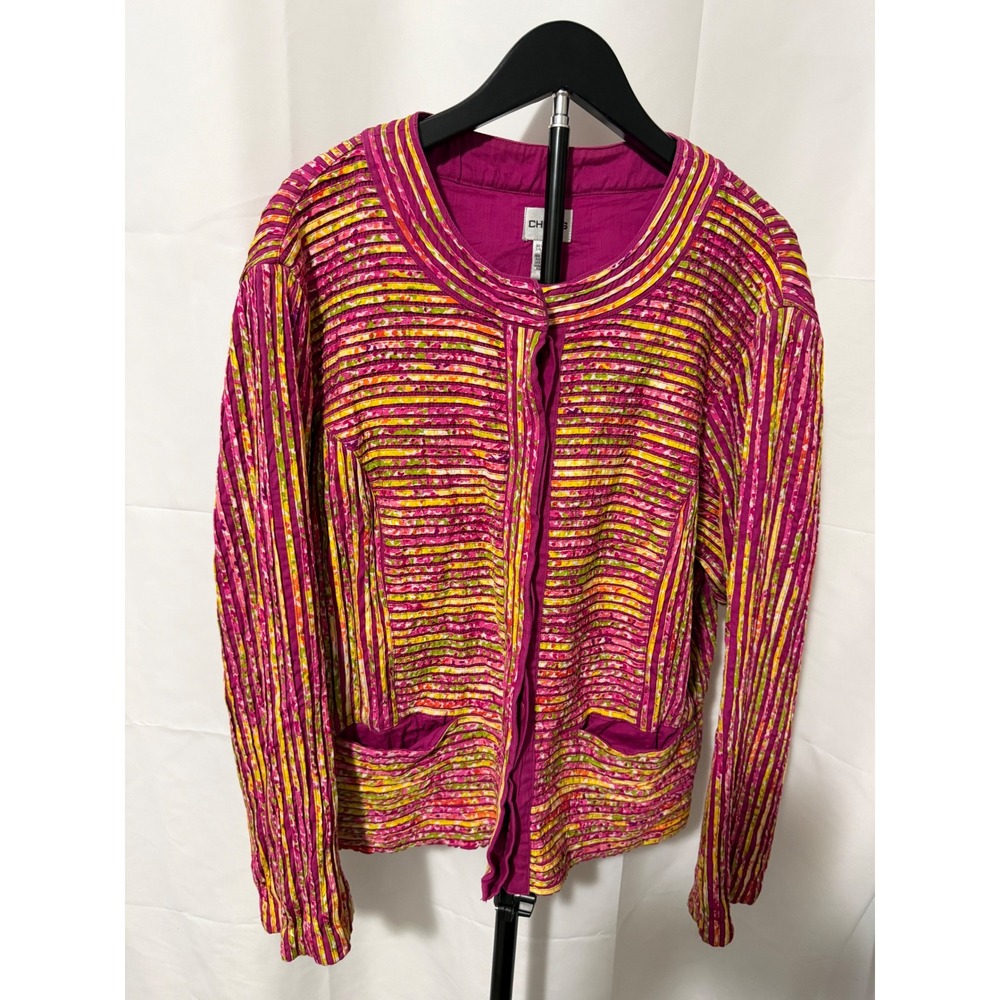 Chicos Size 3 Pink Yellow Striped Ribbon Textured Open Front Jacket Art to Wear‎